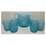 Fenton Opalescent Hobnail Blue Glass Pitcher and Juice Glasses