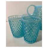 Fenton Opalescent Hobnail Blue Glass Pitcher and Juice Glasses