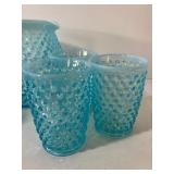 Fenton Opalescent Hobnail Blue Glass Pitcher and Juice Glasses
