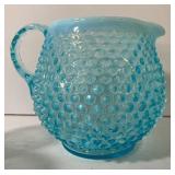 Fenton Opalescent Hobnail Blue Glass Pitcher and Juice Glasses