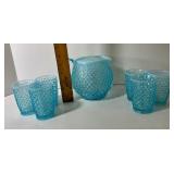Fenton Opalescent Hobnail Blue Glass Pitcher and Juice Glasses