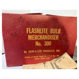 Vintage Flashlite Bulb Merchandiser No. 300 Box with Some Bulbs and Enamel Light