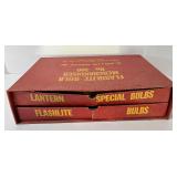 Vintage Flashlite Bulb Merchandiser No. 300 Box with Some Bulbs and Enamel Light