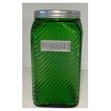 Vintage Green Swirl Hoosier Glass Coffee Canister Green Depression Glass Metal Lid