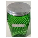 Vintage Green Swirl Hoosier Glass Coffee Canister Green Depression Glass Metal Lid