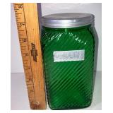 Vintage Green Swirl Hoosier Glass Coffee Canister Green Depression Glass Metal Lid