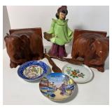 Wood Carved Elephant Bookends and Asian Figurine and Collectibles