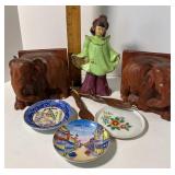 Wood Carved Elephant Bookends and Asian Figurine and Collectibles