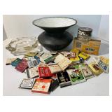 Enamel Spittoon and Vintage Lot of Matchbooks