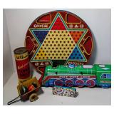 Vintage Lot of Tin Litho Toys Marx Wagon, Puff Puff Train, Koyo Ladybug and Turtle