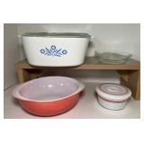 Vintage Hazel Atlas Lidded Bowl Red Stripe, Corning Ware Blue Cornflower and PInk Pyrex Dish