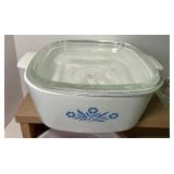 Vintage Hazel Atlas Lidded Bowl Red Stripe, Corning Ware Blue Cornflower and PInk Pyrex Dish