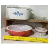Vintage Hazel Atlas Lidded Bowl Red Stripe, Corning Ware Blue Cornflower and PInk Pyrex Dish