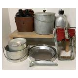 Vintage Camping Lot, Binoculars, Fishing Stool, Cookware