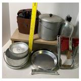 Vintage Camping Lot, Binoculars, Fishing Stool, Cookware
