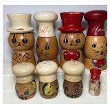 Lot of Vintage Wooden Chef Salt and Pepper Shakers Kitty Salt and Peppy Matching Sets