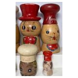 Lot of Vintage Wooden Chef Salt and Pepper Shakers Kitty Salt and Peppy Matching Sets