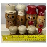 Lot of Vintage Wooden Chef Salt and Pepper Shakers Kitty Salt and Peppy Matching Sets