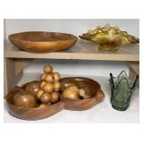 Viking Double Crimped Folded Amber Glass Flat Candy Dish Bowl, Fenton Handkerchief Vase, Wood Decor MCM