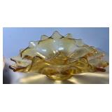 Viking Double Crimped Folded Amber Glass Flat Candy Dish Bowl, Fenton Handkerchief Vase, Wood Decor MCM