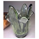 Viking Double Crimped Folded Amber Glass Flat Candy Dish Bowl, Fenton Handkerchief Vase, Wood Decor MCM