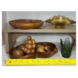 Viking Double Crimped Folded Amber Glass Flat Candy Dish Bowl, Fenton Handkerchief Vase, Wood Decor MCM