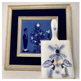Royal Delft Framed Christmas Tile and Enesco Kissing Dutch Kids Covered Dish