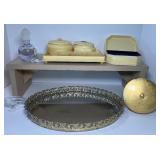 Vintage Vanity Lot Mirror, Vintage French Ivory Vanity Set Celluloid, Blown Glass Perfume Bottle with Stopper