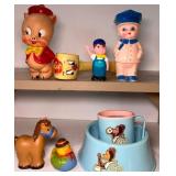 Vintage Rubber Baby Toys and Tom Tipee Dishes 1930