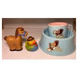 Vintage Rubber Baby Toys and Tom Tipee Dishes 1930