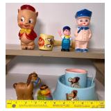 Vintage Rubber Baby Toys and Tom Tipee Dishes 1930