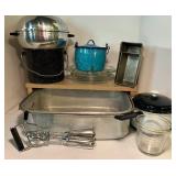 Vintage Kitchen Pots Pans Enamelware Graniteware Egg Beater Starburst Loaf Pan