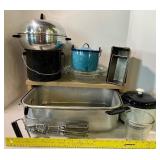 Vintage Kitchen Pots Pans Enamelware Graniteware Egg Beater Starburst Loaf Pan