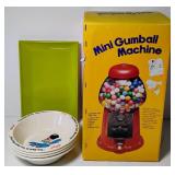 Miniature Cast Iron Gumball Machine and Kelloggs Cereal Bowls