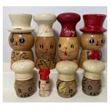 Lot of Vintage Wooden Chef Salt and Pepper Shakers Kitty Salt and Peppy Matching Sets