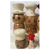 Lot of Vintage Wooden Chef Salt and Pepper Shakers Kitty Salt and Peppy Matching Sets