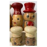 Lot of Vintage Wooden Chef Salt and Pepper Shakers Kitty Salt and Peppy Matching Sets
