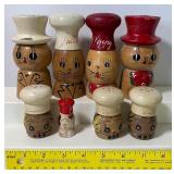 Lot of Vintage Wooden Chef Salt and Pepper Shakers Kitty Salt and Peppy Matching Sets