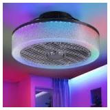 20 in. Indoor Black Caged Enclosed Ceiling Fan with LED Light Modern Low Profile Ceiling Fan with Remote and APP Control  Customer Returns See Pictures