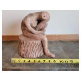 Folk Art Pottery Girl on Stump Statue