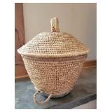 African Sweet Grass Lidded Basket with Animal Hide Bottom