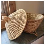 African Sweet Grass Lidded Basket with Animal Hide Bottom