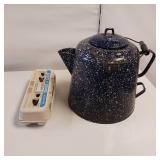 Large, heavy gauge steel, specked blue enamel coffee pot - Early 1900