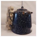 Large, heavy gauge steel, specked blue enamel coffee pot - Early 1900