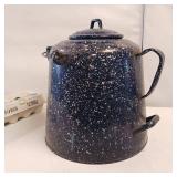 Large, heavy gauge steel, specked blue enamel coffee pot - Early 1900