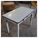 Vintage Enamel Top Table with wooden base, aka "bread table" for rolling dough