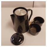 Enamel Coffee Pot with Matching Cups