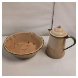 Almond Green 13.5"  wash basin and 10.5" Kettle/Coffee Pot Enamel Ware Set