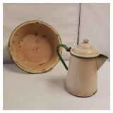 Almond Green 13.5"  wash basin and 10.5" Kettle/Coffee Pot Enamel Ware Set