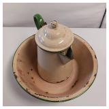 Almond Green 13.5"  wash basin and 10.5" Kettle/Coffee Pot Enamel Ware Set